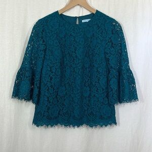 Draper James Teal Lace Bell Sleeve Pullover Top Womens Size 4 Career Boho
